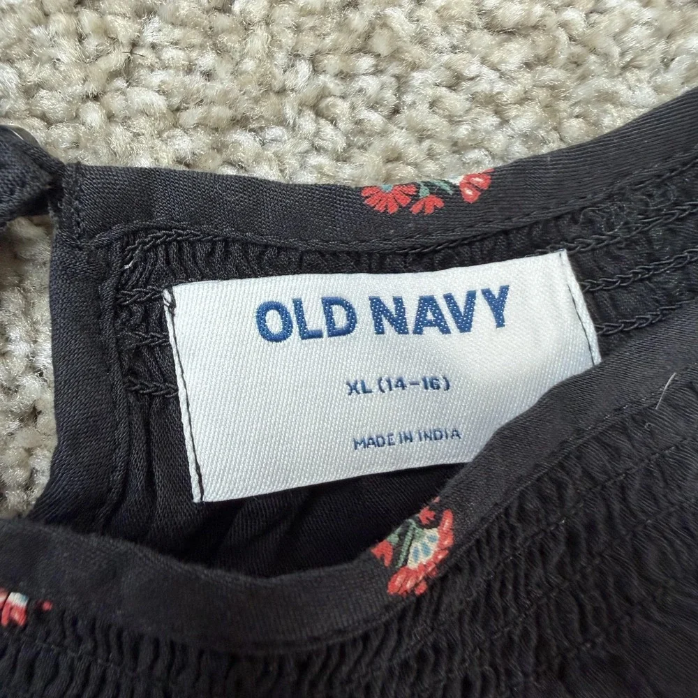 Old Navy Dress Girls XL 14-16 Black Floral Midi Puff Sleeve Ruffle Hem Casual